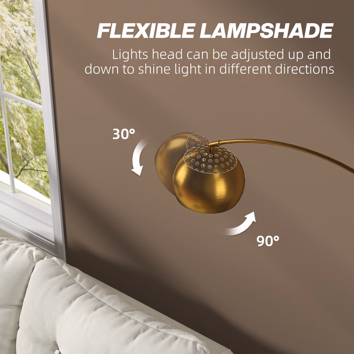 HOMCOM Modern Arc Floor Lamp with Gold Tone Finish and Black Marble Base for Living Room, Home Office or Bedroom – 4