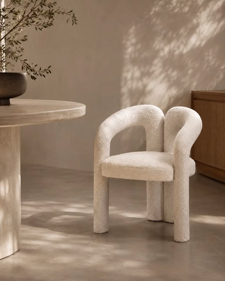 Tommy Franks Mavis Dining Chair in White Bouclé with Armrests, H 79.5 x W 59.5 x D 54 cm