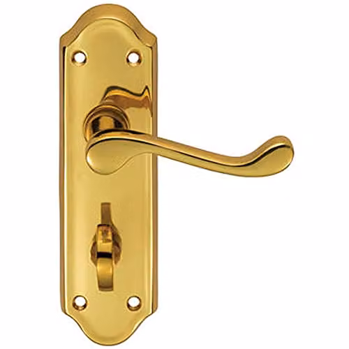 Loops Pair Victorian Upturned Lever Bathroom Door Handles on Backplate, Polished Brass, W: 16.8 cm, H: 4.7 cm