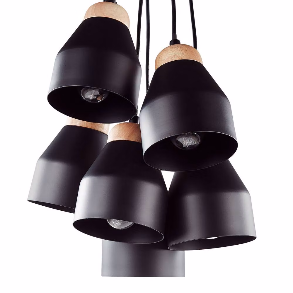 Wyld and Coco Cluster Pendant Lamp in Black Metal and Wood with 6 Integrated LED Lights – 4