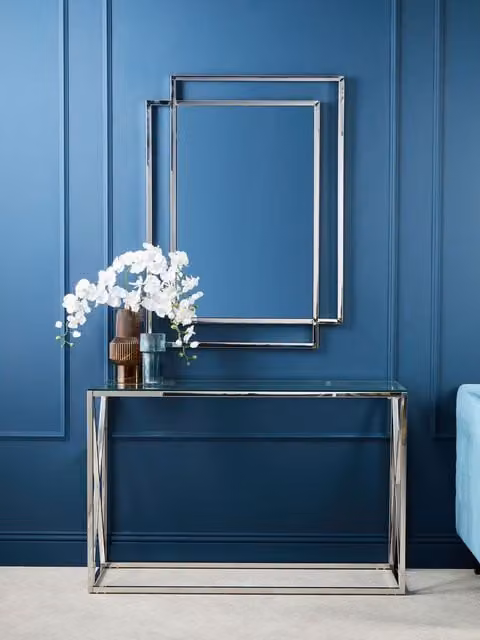 Orsina Silver Glass Console Table with Stainless Steel Frame, W/D/H: 120 x 40 x 78 cm