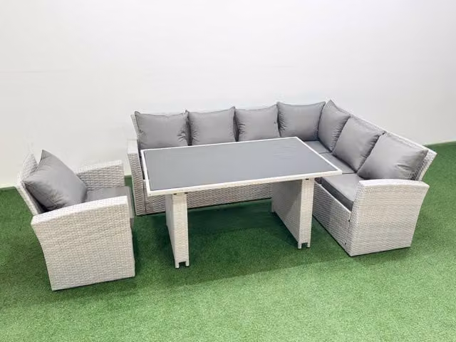 Fimous 7 Seater Wicker Rattan Corner Sofa Garden Furniture Set in Light Grey