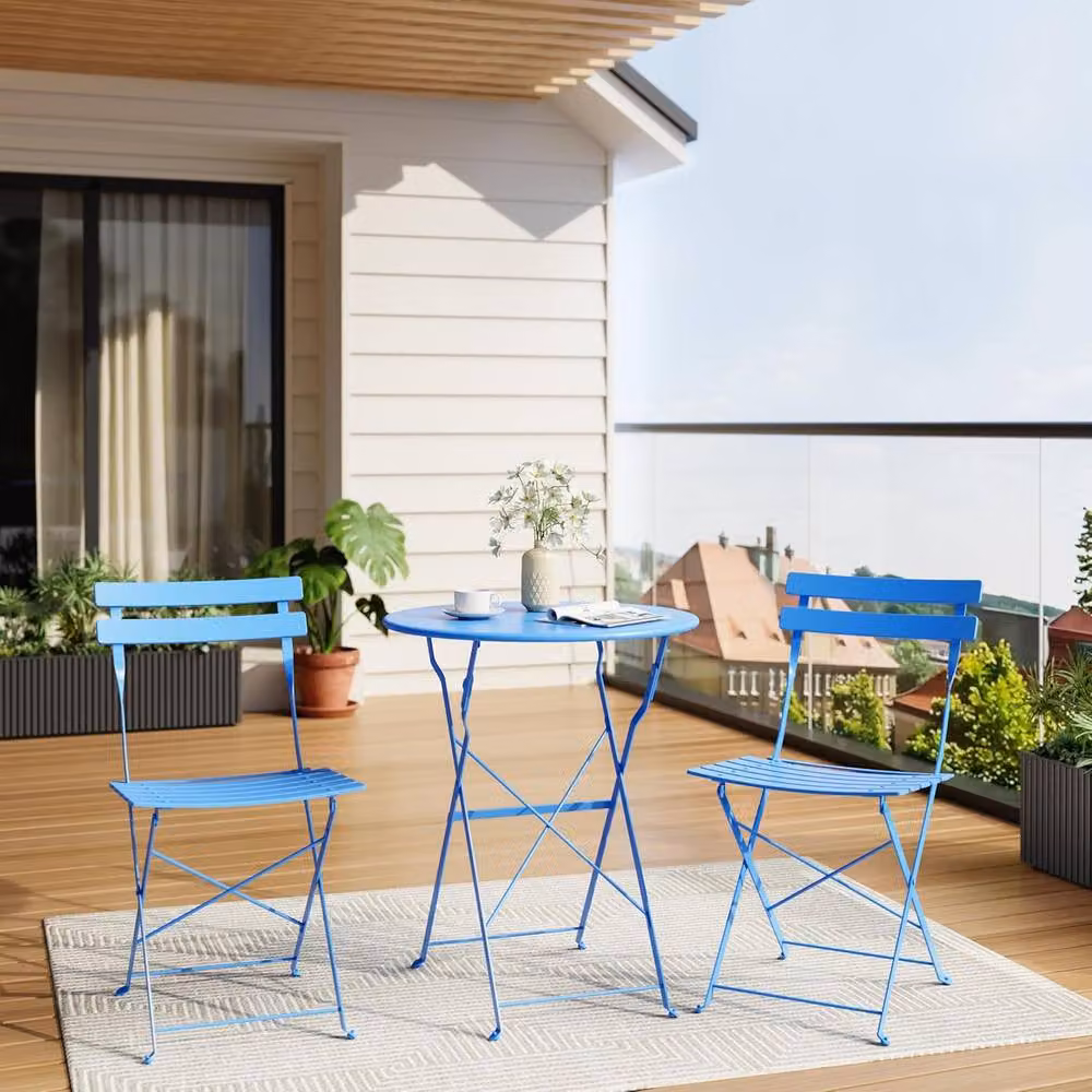 London Boutique 3-Piece Foldable Bistro Set in Blue, featuring a Round Metal Table and 2 Chairs for Garden, Balcony or Terrace Use – 2