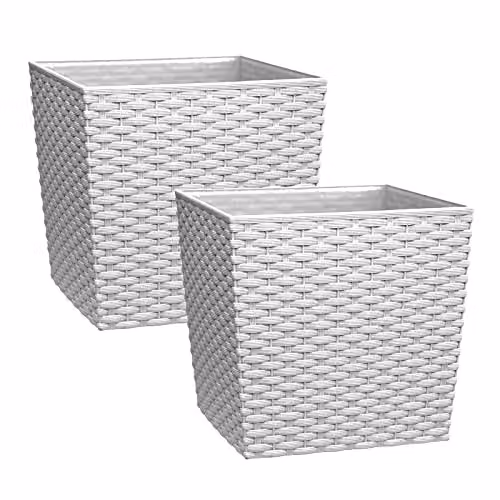 Simpa Cubie Rattan Plastic Planter Pots, White, Set of 2, 19 x 19 x 19 cm