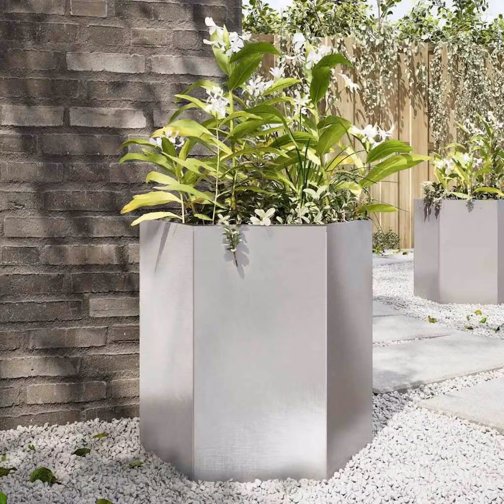 Berkfield Home Hexagon Stainless Steel Garden Planter, Silver, W: 46 cm, D: 40 cm, H: 45 cm – 2
