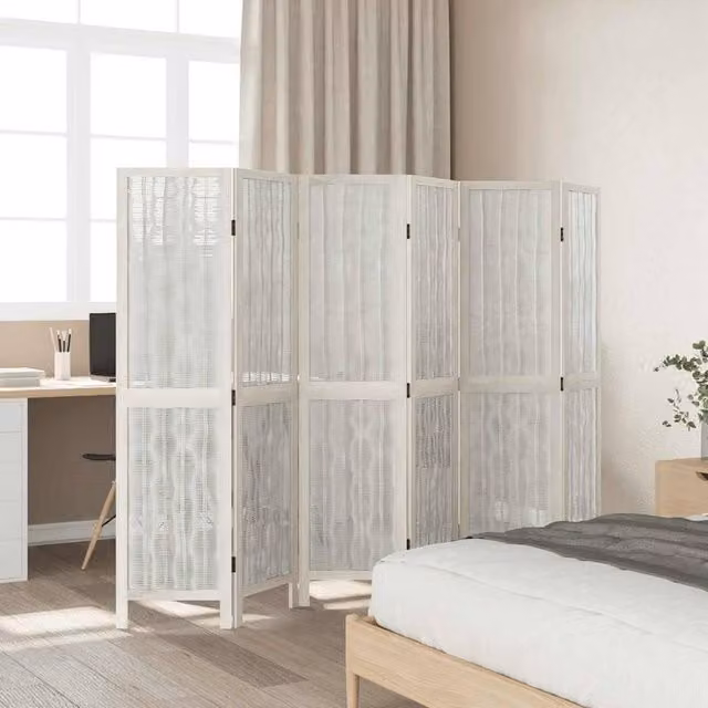 Berkfield Home 6 Panel Room Divider in White Solid Paulownia Wood, H 215 x W 160 x D 1.6 cm