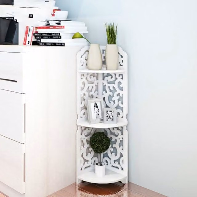 Livingandhome White Trigonal Hollow Corner Storage Shelf Unit for Kitchen, Bathroom or Living Room