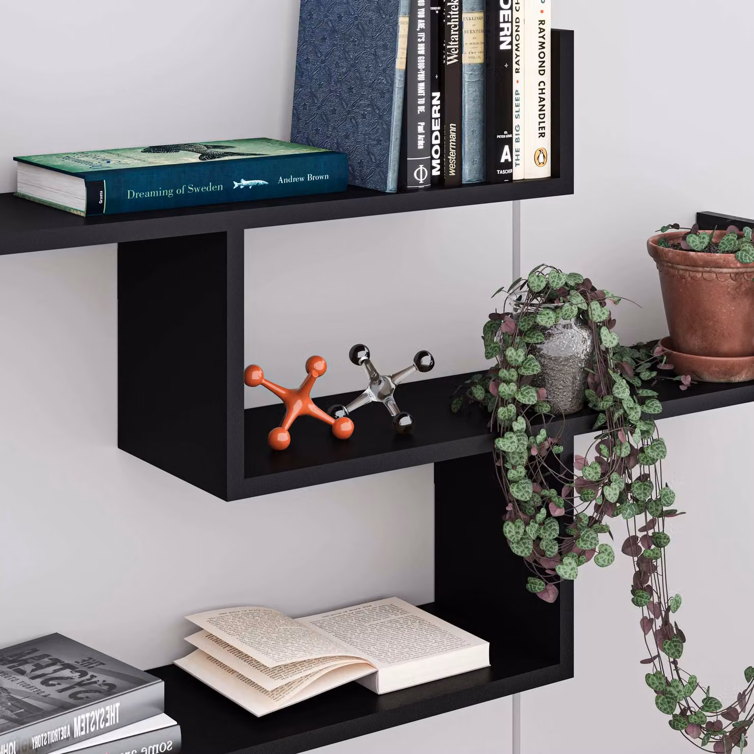Decortie Tibet Wall Mounted Modern Bookcase Display Unit in Black – 3