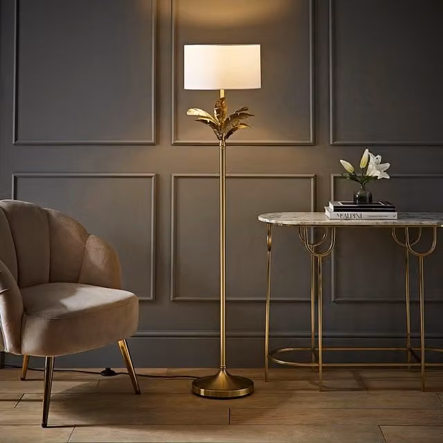 ValueLights Christina Palm Leaf Floor Lamp with White Fabric Drum Shade and LED Bulb in Gold/Brass