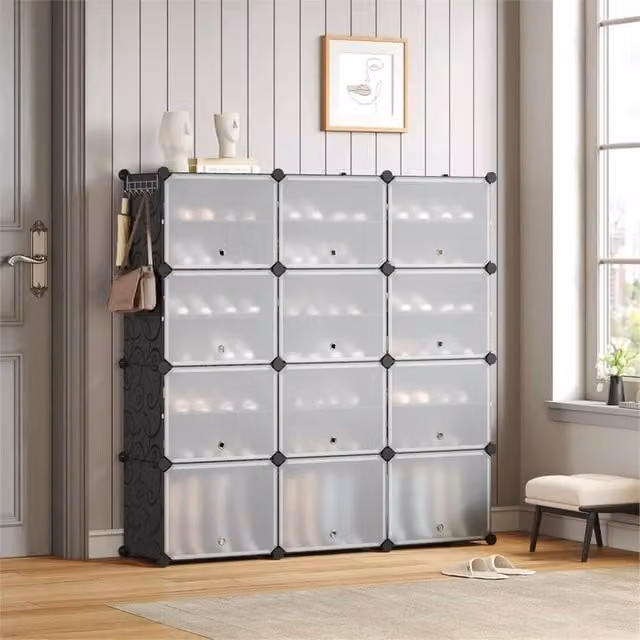 KORVIXA Black Plastic Portable Shoe Cabinet with Hinged Doors and Internal Shelves, W: 100 cm – 1