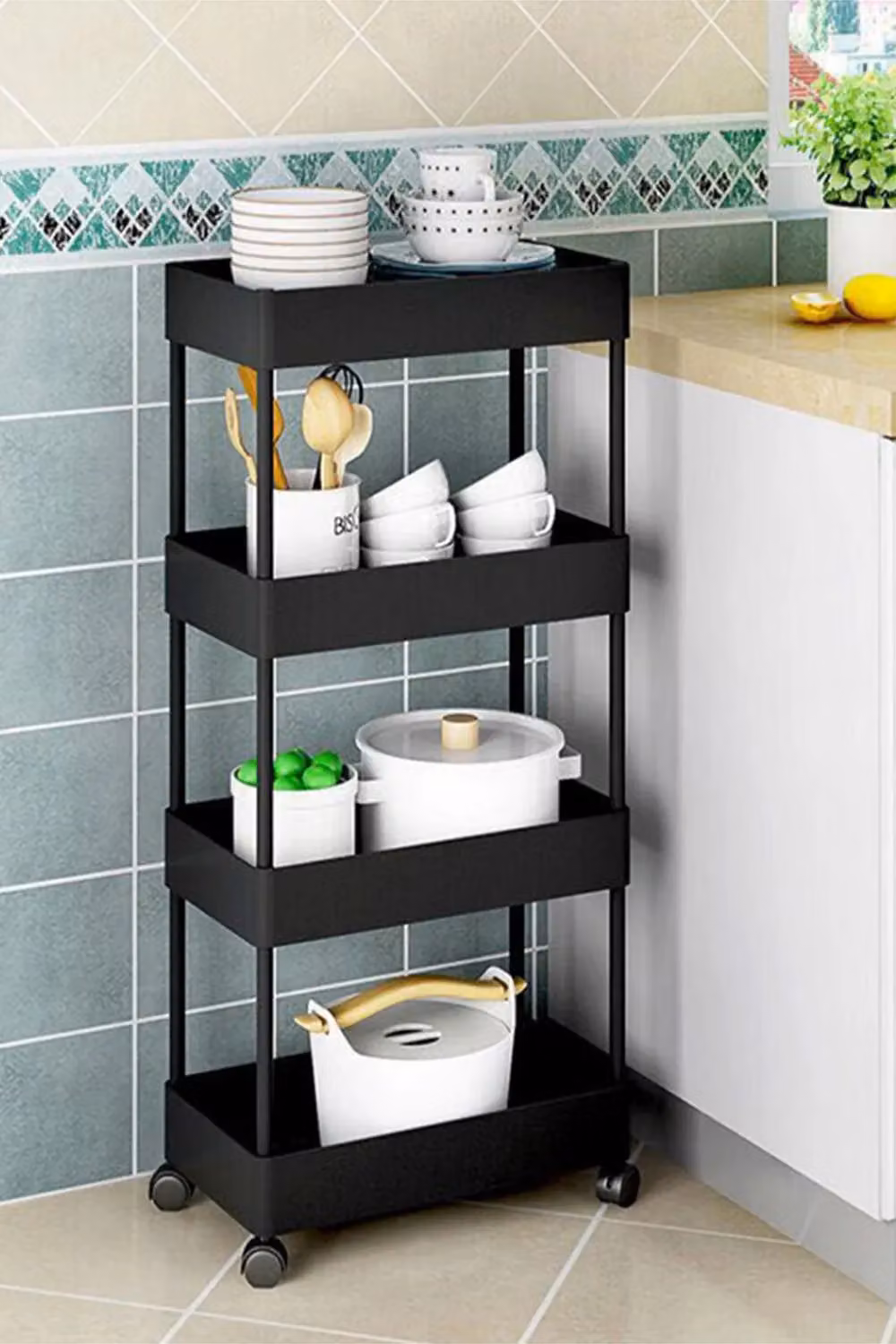 Living and Home 4-Tier Rolling Kitchen Storage Trolley Organiser in Black – 4