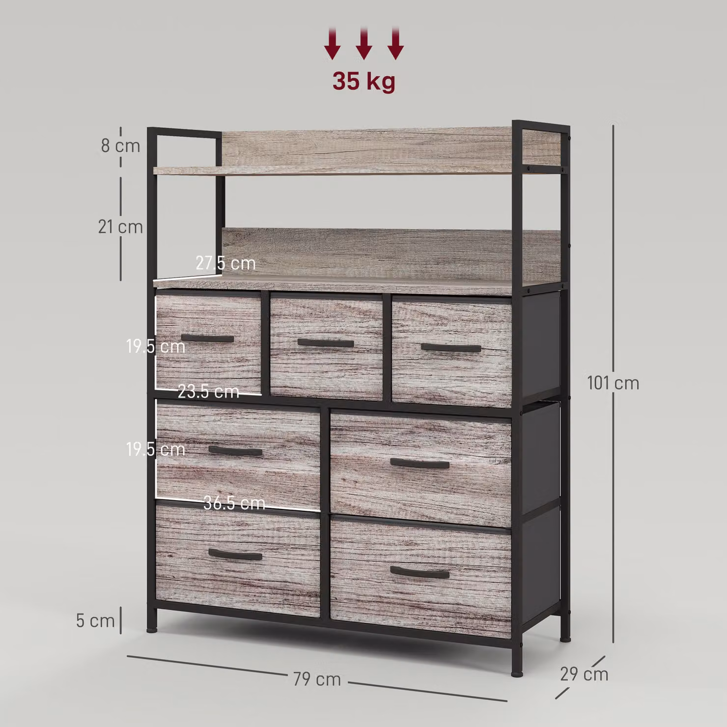 HOMCOM Rustic Seven Drawer Fabric Chest in Grey Wood Effect – 3