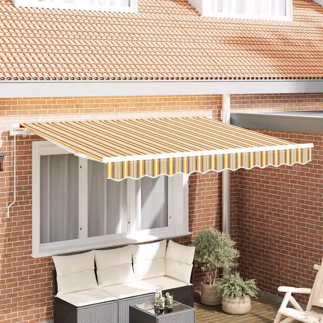 Berkfield Home Manual Retractable Striped Awning in Yellow and Grey, W: 300 cm, D: 200 cm – 1