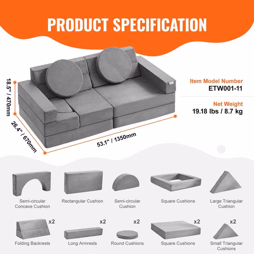 VEVOR Modular Kids Couch in Grey with High-Density Foam – 2