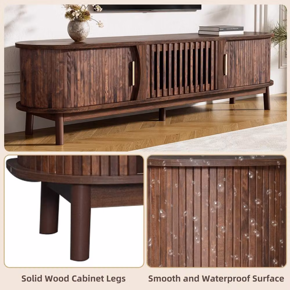 Rolipo Oval Dark Wood Slatted TV Stand for 65 Inch TVs with Storage in Dark Brown – 3