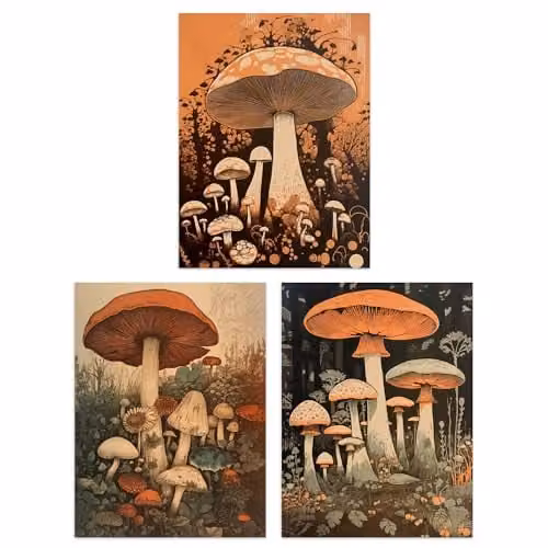 Artery8 Set of 3 Botanical Fungi and Mushroom Unframed Paper Poster Prints, Multicolour Vintage Nature Wall Art