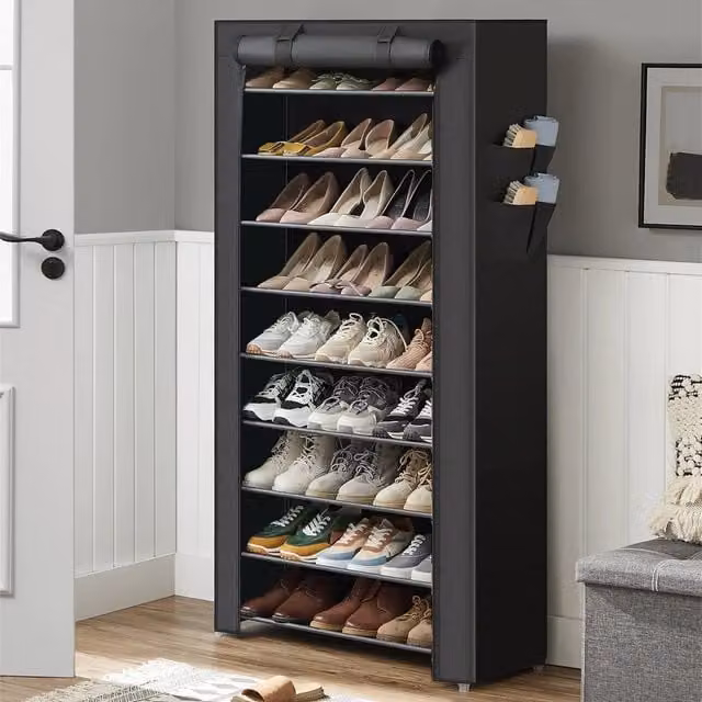 Livingandhome 10-Tier Modern Shoe Storage Cabinet with Roll-Up Shutter Doors in Black