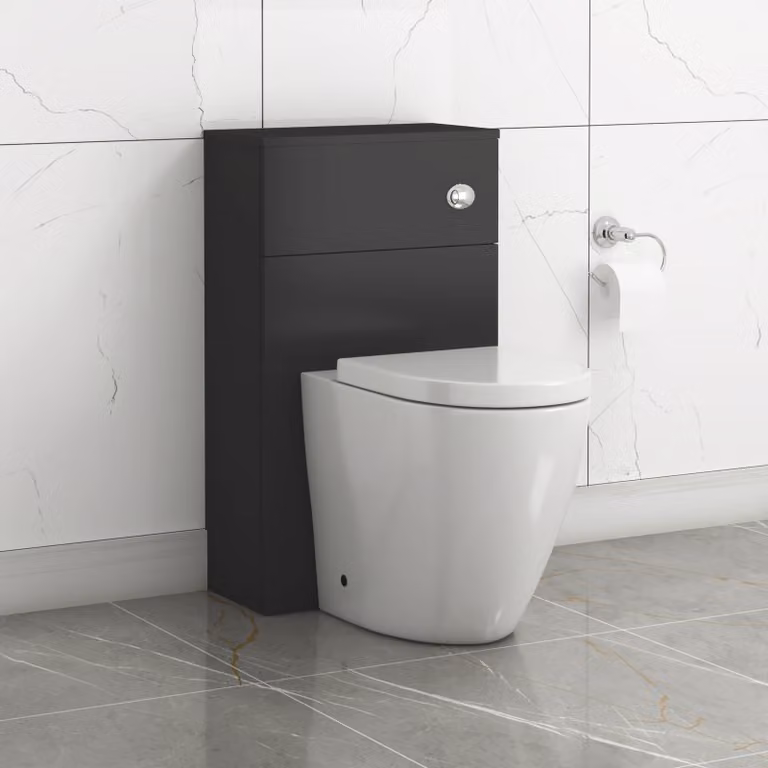 Royal Bathrooms Turin Matt Black BTW WC Unit with Elva Rimless Short Projection Ceramic Toilet Pan, Seat and Cistern, Width: 50 cm