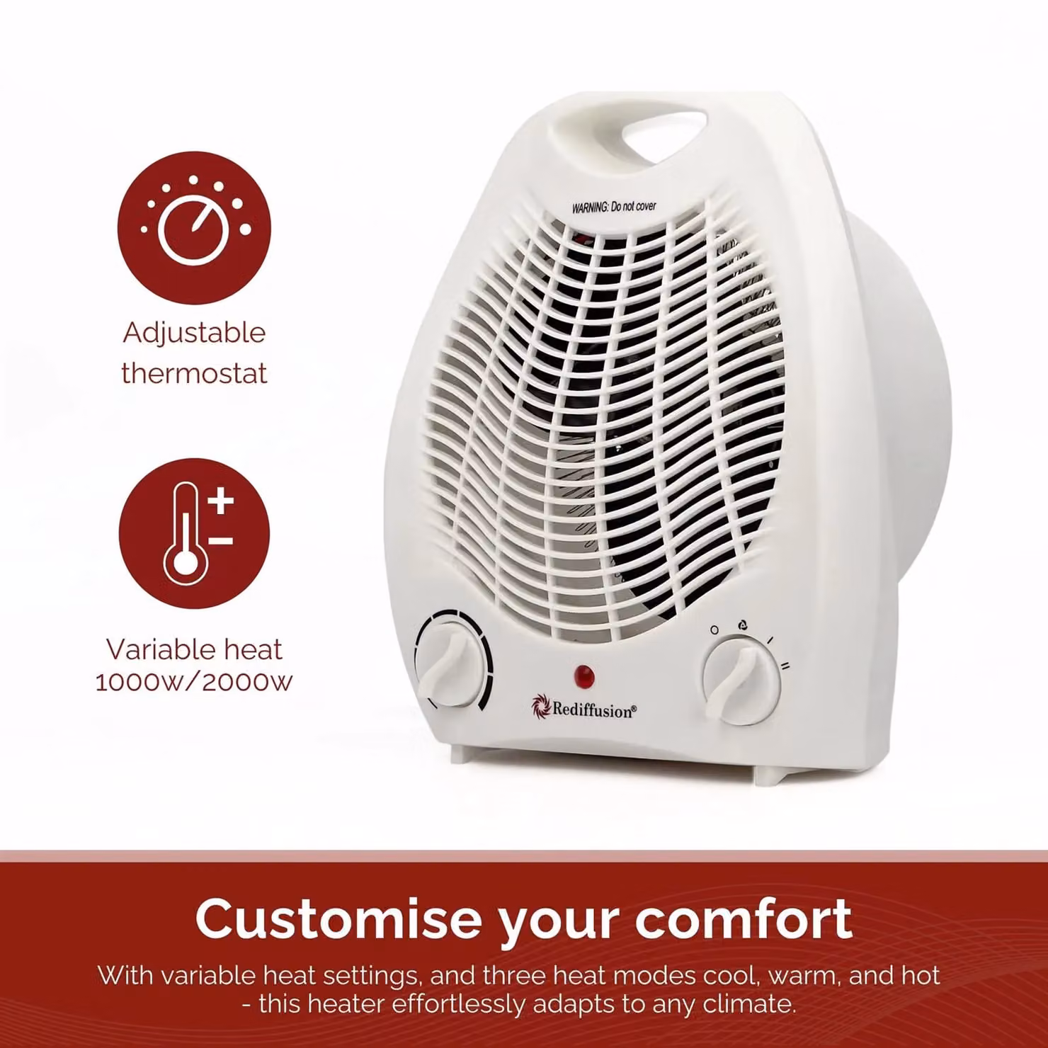 Rediffusion 2000W Portable Fan Heater with Overheat Protection and Cooling Function in White, W/D/H: 25.5 x 21.5 x 13.0 cm – 2