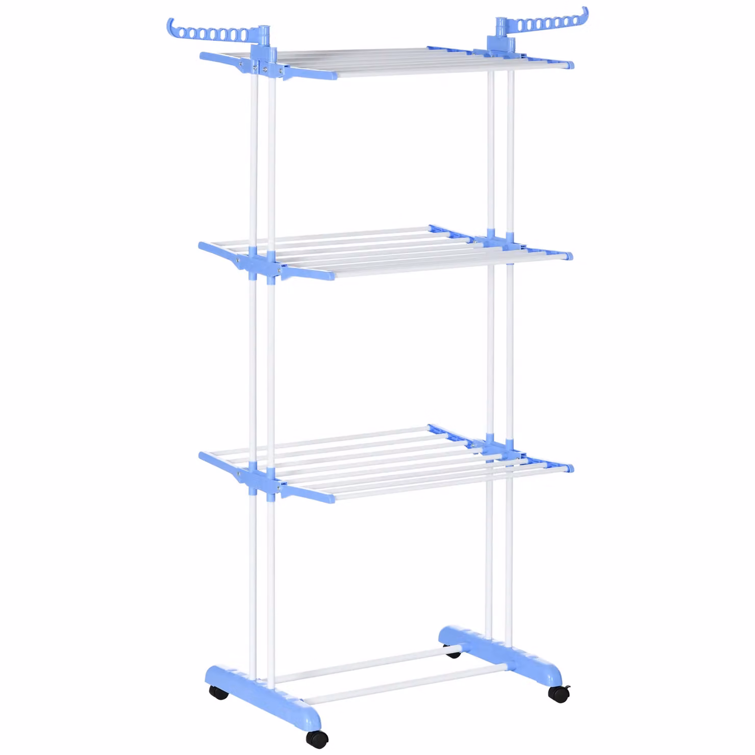 HOMCOM Foldable Steel Clothes Drying Rack with Casters and Hooks, Blue – 2