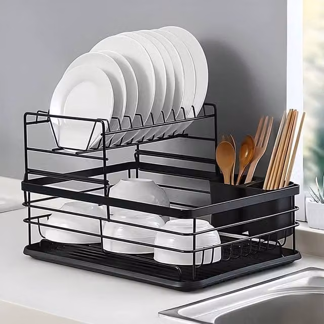 FORGEVIO 2-Tier Black Dish Drainer with Cutlery Holder and Drip Tray – 1