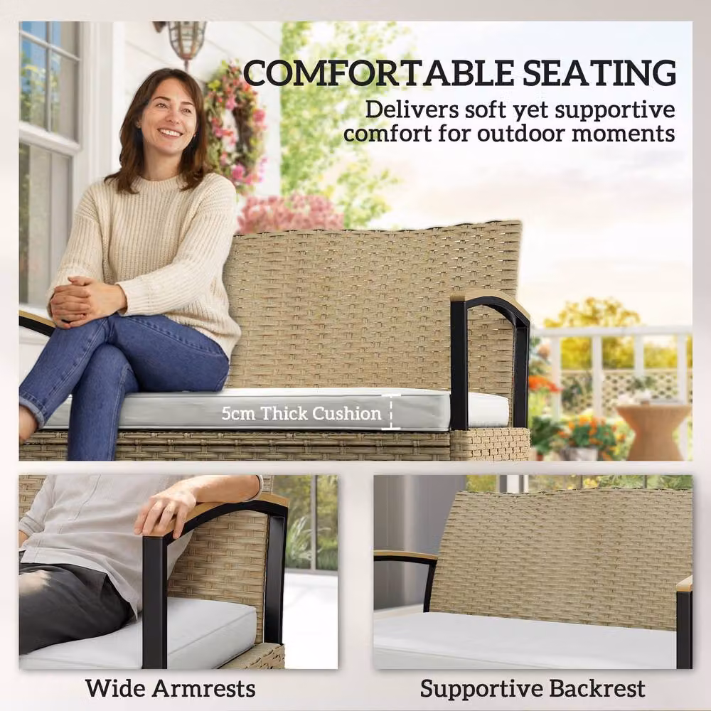 Outsunny 125L 2 Seater Garden Storage Bench in Beige PE Rattan with Metal Frame – 4