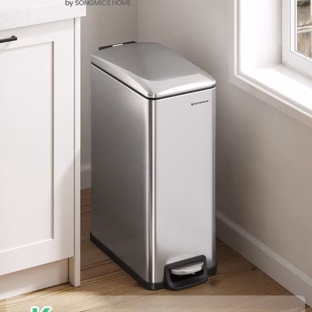 SONGMICS 48L Slim Silver Pedal Kitchen Bin with Soft-Close Lid and Removable Inner Bucket