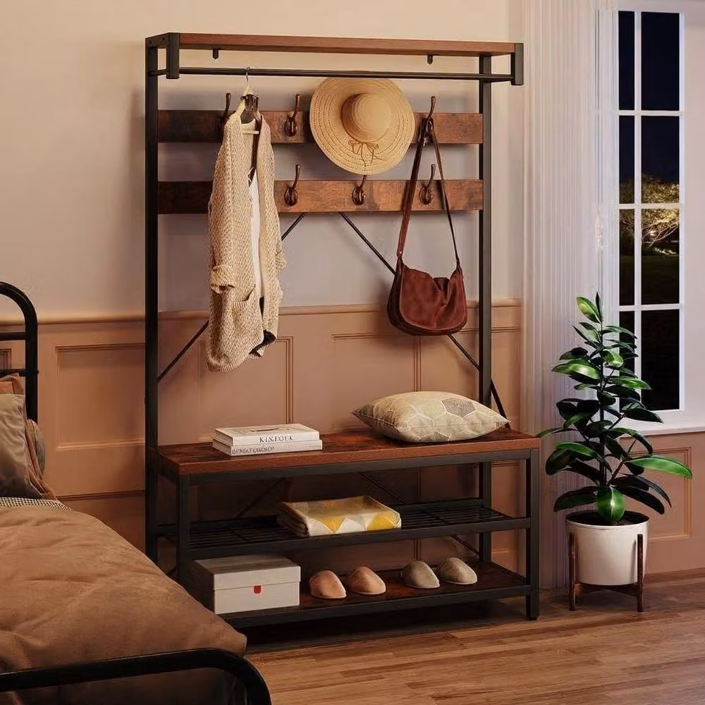 London Boutique 4-in-1 Hallway Storage Unit with Shoe Bench and 8-Hook Coat Rack in Brown – 4