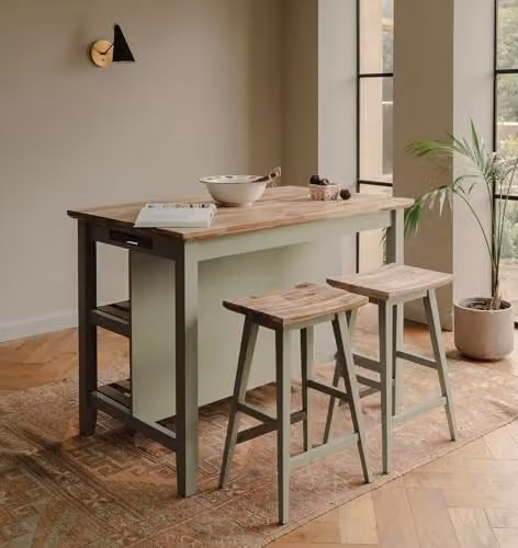 Statement Furniture Florence Breakfast Bar Kitchen Island with Acacia Wood Top and Slatted Shelves in Green, W: 126 cm, H: 91 cm, D: 78 cm