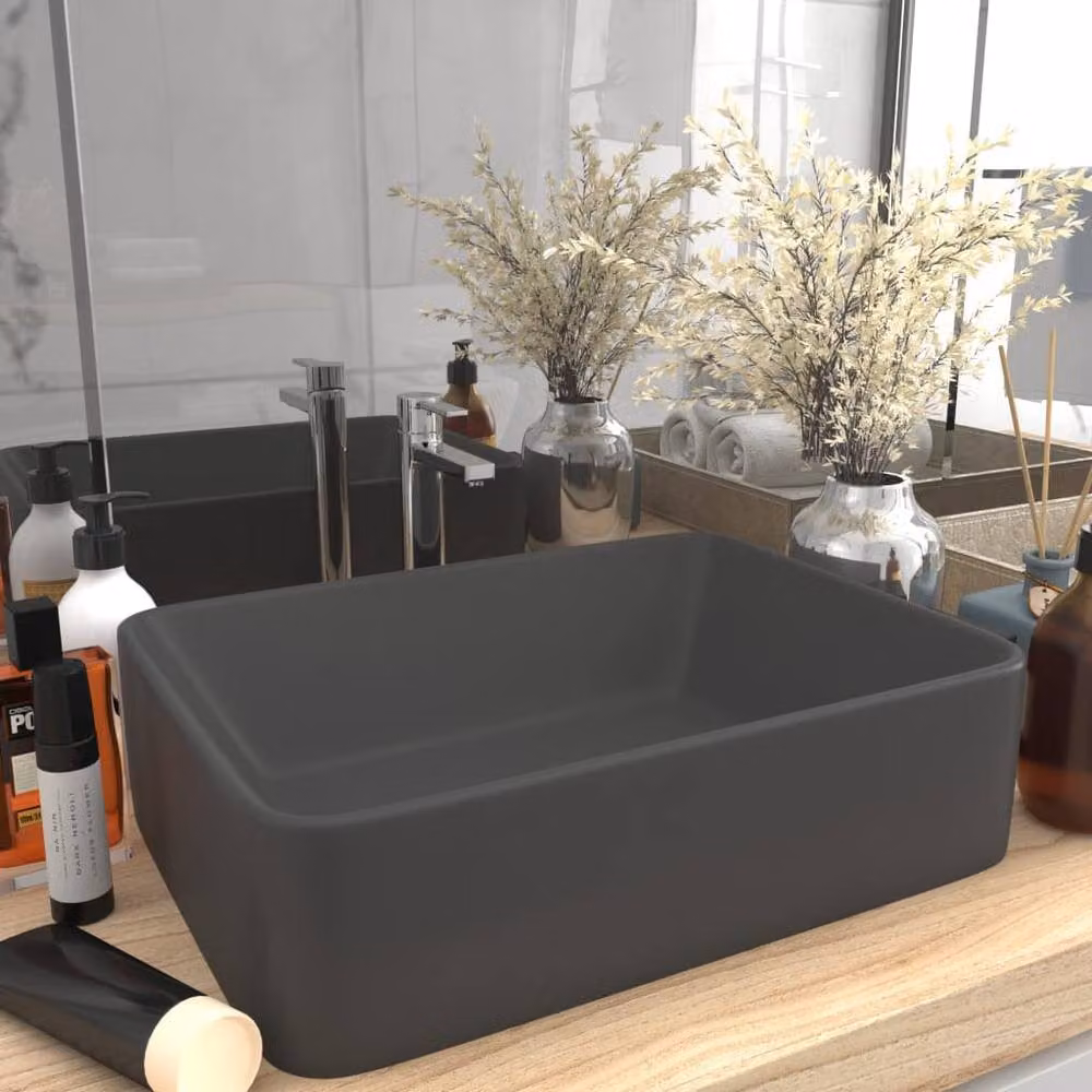 Berkfield Home Luxury Ceramic Countertop Wash Basin in Matt Dark Grey, W: 41 cm, D: 30 cm, H: 12 cm – 2