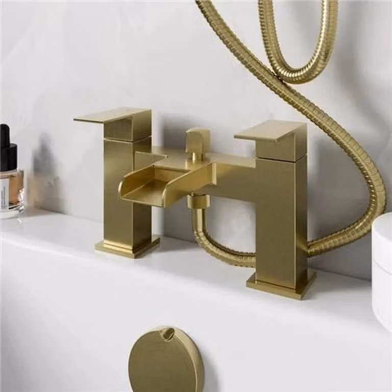 SPETLEK Brushed Brass Square Waterfall Bath Shower Mixer Tap Kit in Gold, W: 100 cm x H: 40 cm