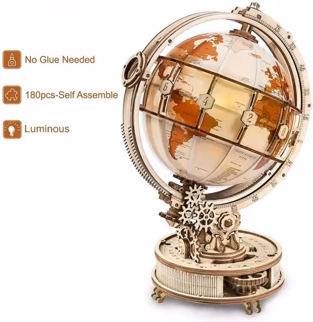 Robotime Luminous Globe 3D Wooden LED Model Building Block Set, 180 Pieces, Beige and Orange