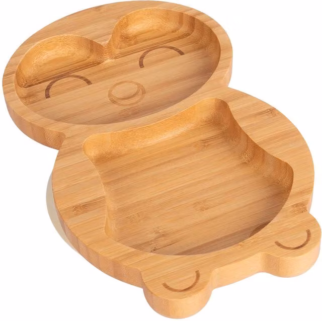 Tiny Dining Childrens Bamboo Divided Suction Penguin Dinner Plate in Beige and Yellow