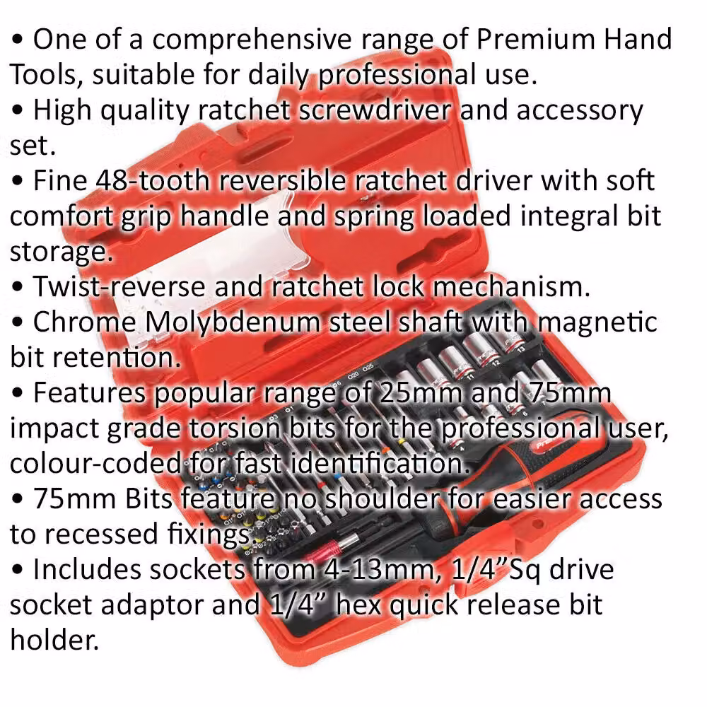 Loops 51 Piece 1/4 Inch Fine Tooth Ratchet Screwdriver Socket and Bit Set in Red Chrome Molybdenum Steel – 2
