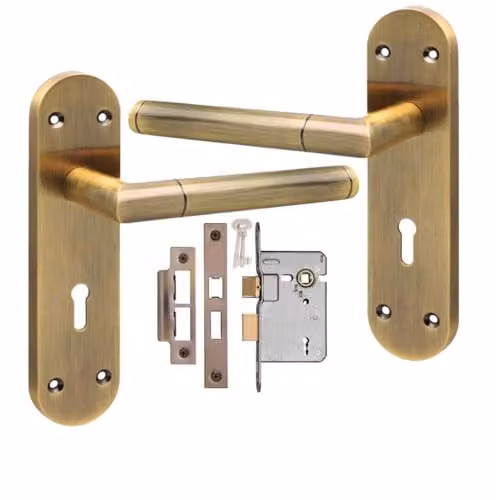 Golden Grace Mitred Lock Door Handle Set with Long Rounded Backplate in Antique Brass