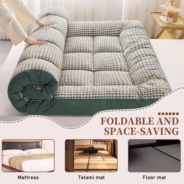Hinsinc King Soft Quilted Japanese Futon Mattress Topper, Green, W/D/H: 200 x 150 x 10 cm