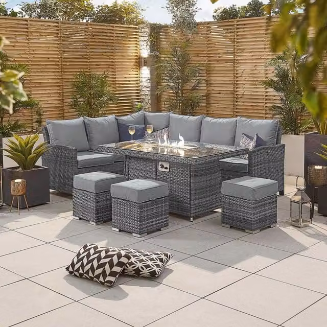 Abrihome 8 Seater Rattan Garden Furniture Set with Fire Pit Table in Grey