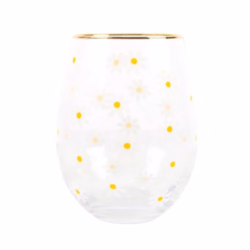 Something Different Wholesale White Daisy Print Stemless Wine Glass with Gold Rim