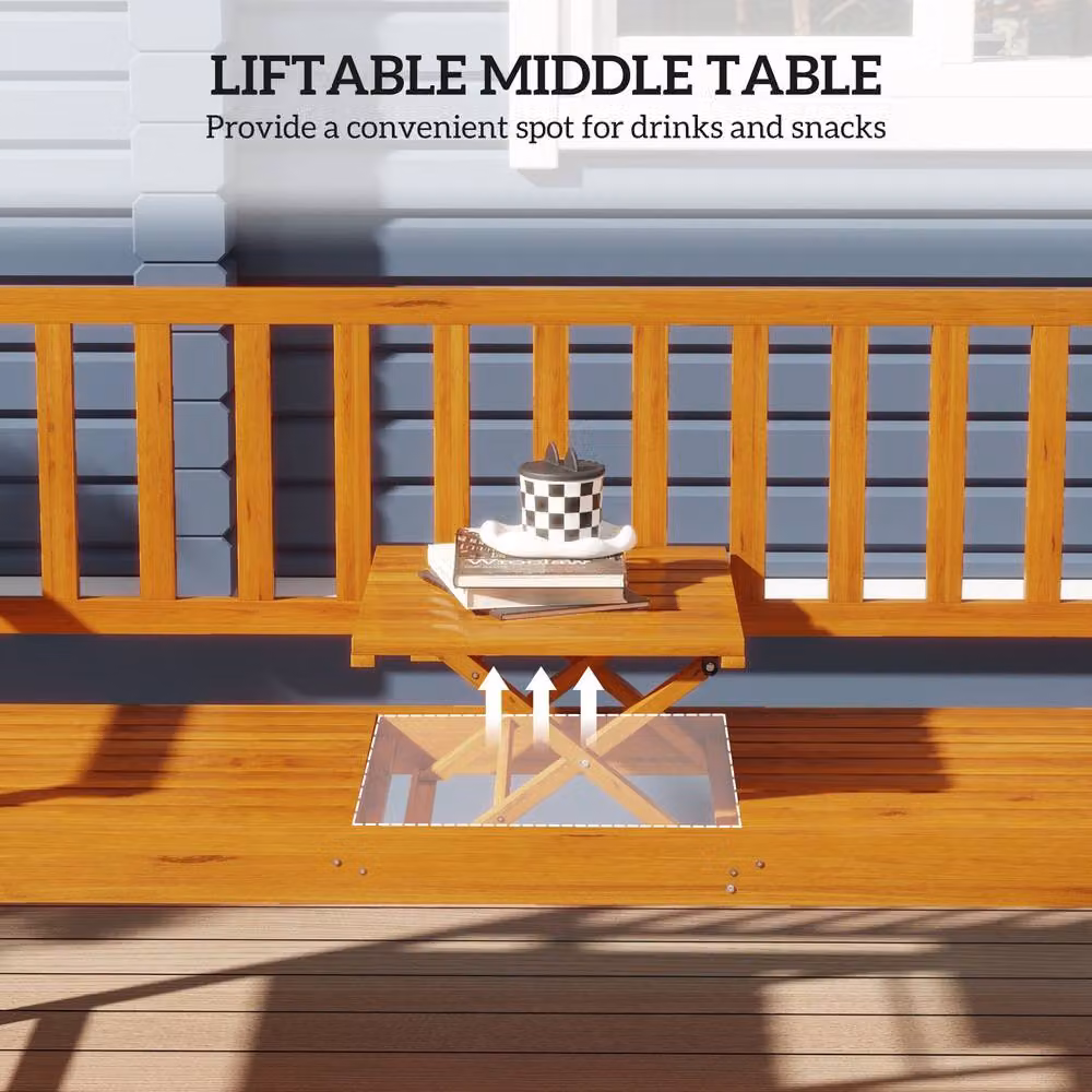OUTSUNNY Rustic Light Brown Pine Wood Outdoor Garden Bench with Liftable Middle Table, Width: 153 cm – 4