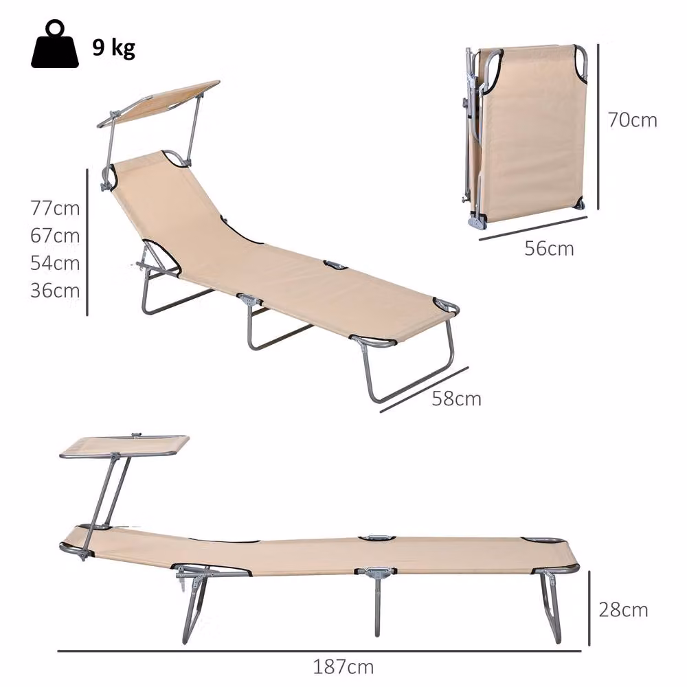 OUTSUNNY Set of 2 Folding Sun Loungers with Sun Canopy and Adjustable Headrest in Sand – 2