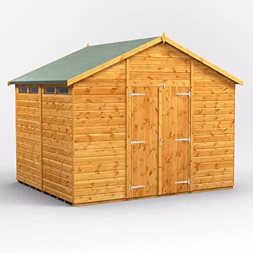 Powersheds Premium Apex Wooden Security Shed in Natural Brown with Double Doors, PVC Window Sills and Toughened Glass