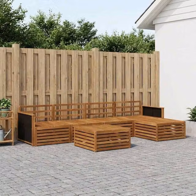 Berkfield Home 6-Piece L-Shape Outdoor Sofa Set in Brown, Made from Treated Acacia Wood with Textilene Fabric, W/D/H: 79 x 79 x 37 cm