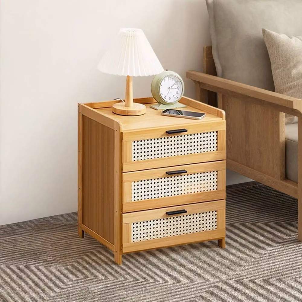 EONLION Wooden Rattan Side Table with Drawer in Brown – 2