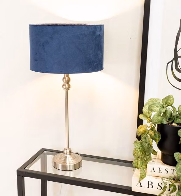 ValueLights Maggie Brushed Chrome Candlestick Table Lamp with Navy Velvet Drum Shade and LED Bulb