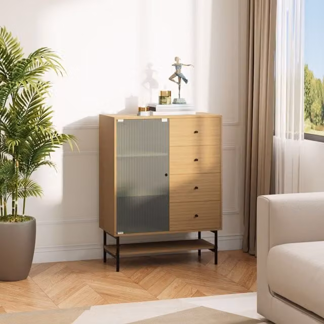 Livingandhome Modern 4-Tier Brown Wooden Storage Cabinet with Glass and Bottom Shelf