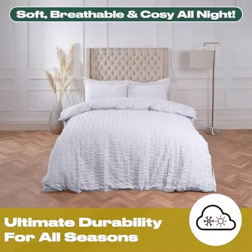 Highams Single Seersucker Duvet Cover and Pillowcase Set, White, W/D/H: 135 x 200 cm and 50 x 75 cm – 2