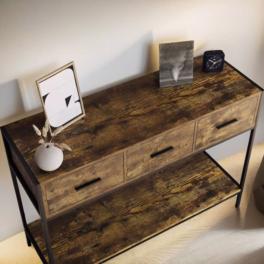 Pirlo Plush 3 Drawer Industrial Console Table in Brown – 2