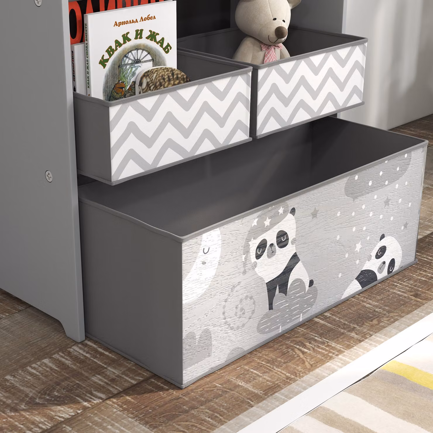 ZONEKIZ Kids Toy Storage Organiser with Six Fabric Bins, Grey – 9
