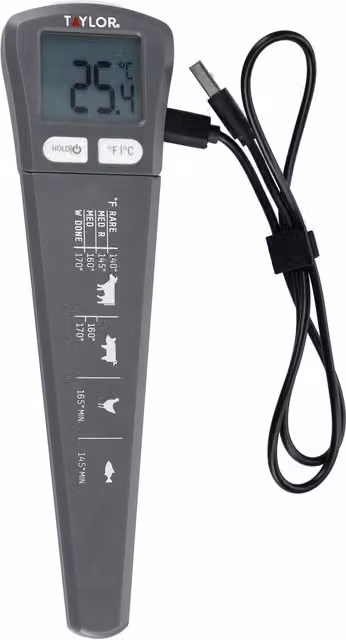 Taylor Pro USB Rechargeable Instant Read Digital Meat Thermometer in Black or Grey, W/D/H: 20.5 x 2.5 x 5.7 cm – 6