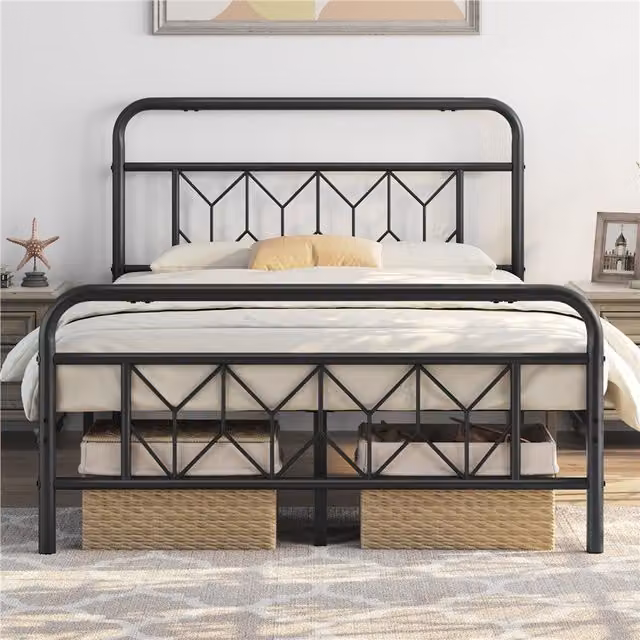 Yaheetech Antique Geometric Metal Bed Frame in Matt Black, 140 x 200 cm